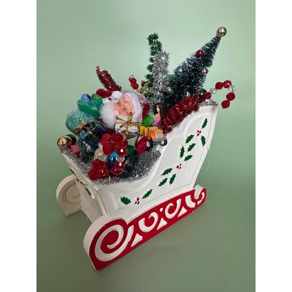 Vintage-Style Handmade Christmas Santa Sleigh Assemblage – Bottle Brush Tree - Picture 10 of 10